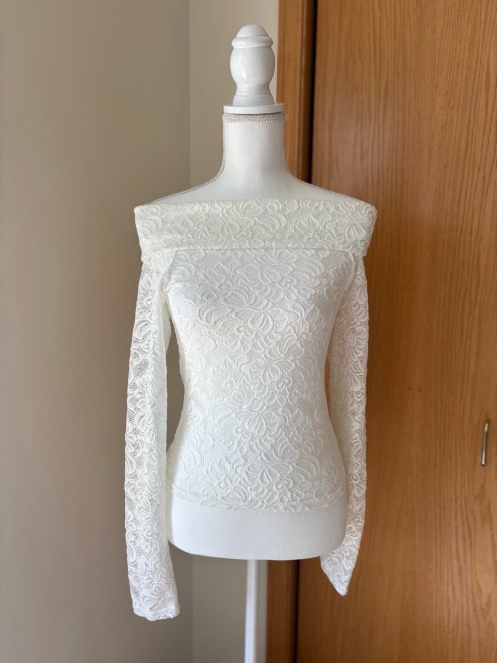 Olivaceous White Off-the-Shoulder Lace Sweater